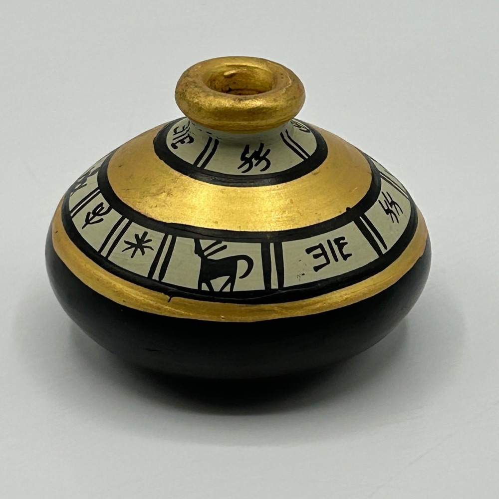 Terracotta Hand Painted Flat Warli Miniature Bud Vase Black Gold Indian Tribal